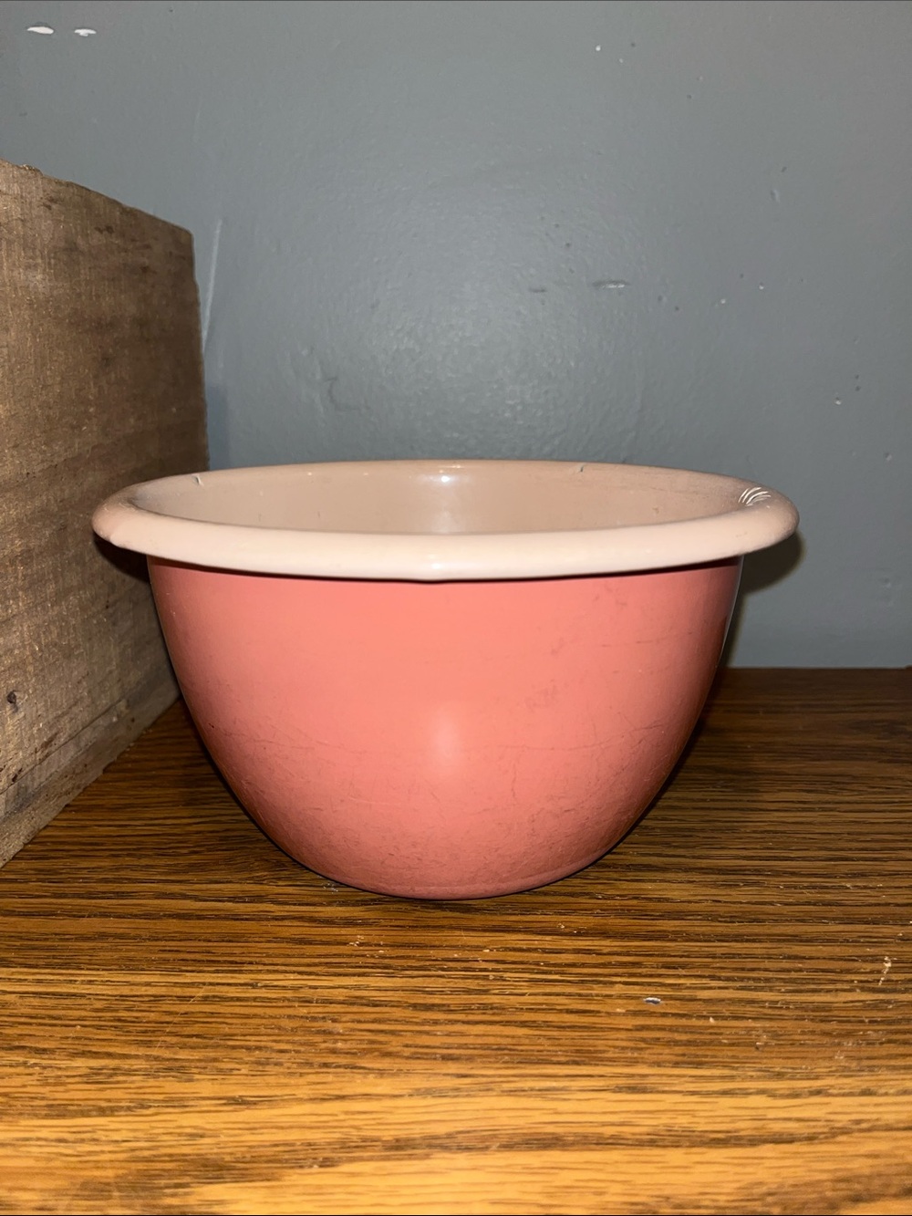 Vintage Primitive Thick Metal Enamelware Pink Mixing Bowl 7"